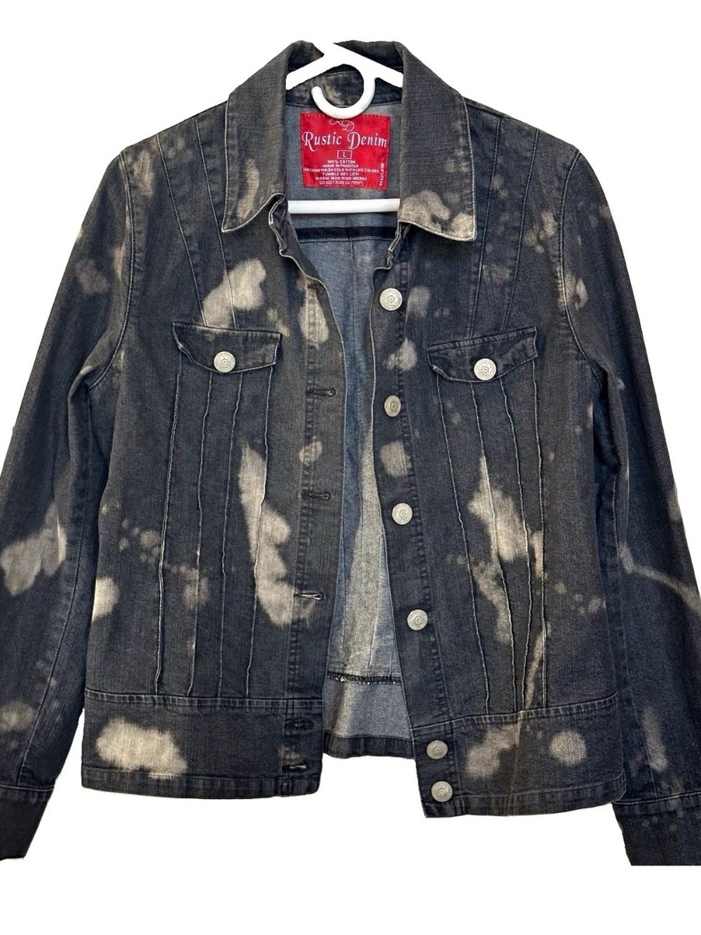 Bleach Splatter Acid Wash Denim Trucker Jacket Women’s L Rustic Denim Grunge Alt